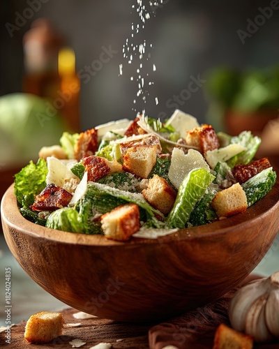 dynamic crisp caesar salad poster: featuring grilled chicken, crunchy croutons, and parmesan in rustic charm - perfect for sports interiors and culinary enthusiasts!