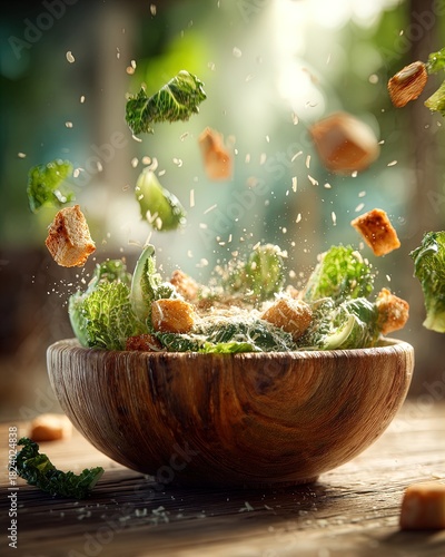 dynamic crisp caesar salad poster: featuring grilled chicken, crunchy croutons, and parmesan in rustic charm - perfect for sports interiors and culinary enthusiasts!