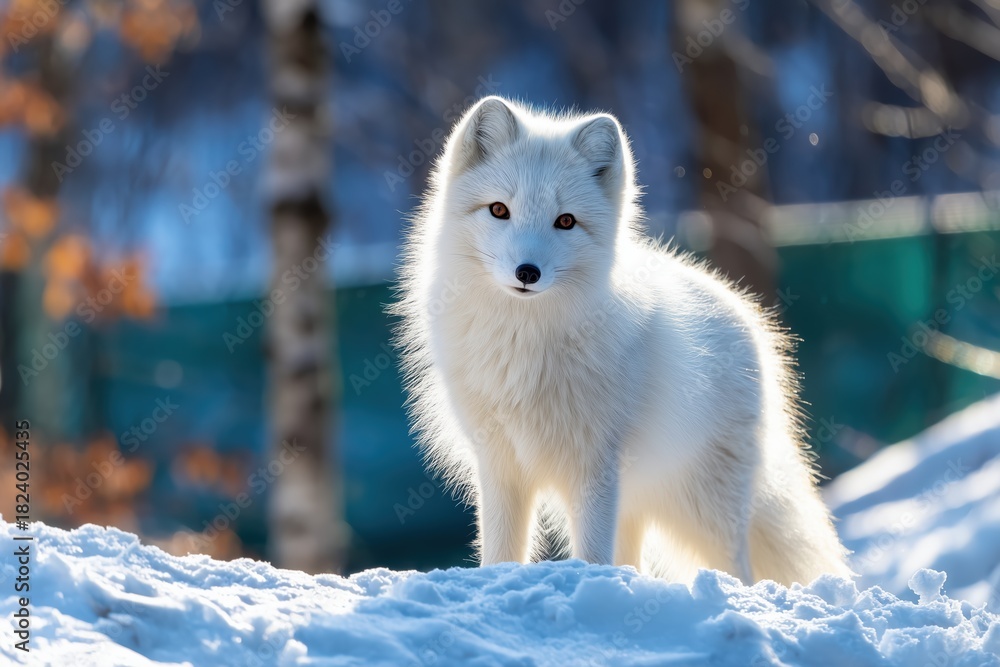 Obraz premium An arctic fox with a white winter coat stands in the snow. Backlit portrait of a wild animal in a cold, snowy landscape