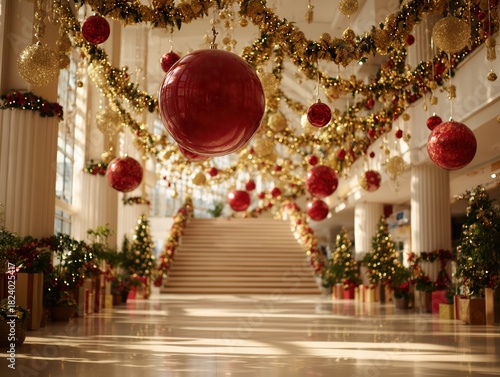 Wallpaper Mural Grand hall with luxury Christmas decorations. Festive interior with hanging red and gold ornaments. Holiday season celebration background Torontodigital.ca