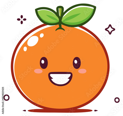 Adorable happy orange fruit character vector illustration with cheerful smile and green leaves