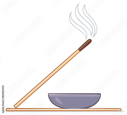 Burning incense stick with smoke rising and bowl, spa and meditation concept.