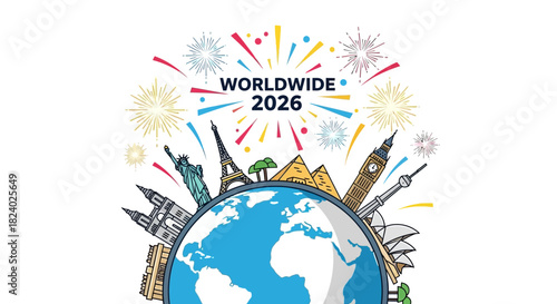 Celebrate Worldwide 2026 with iconic landmarks and vibrant fireworks display art