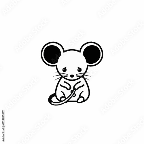 A simple black and white line art drawing of a sad mouse.