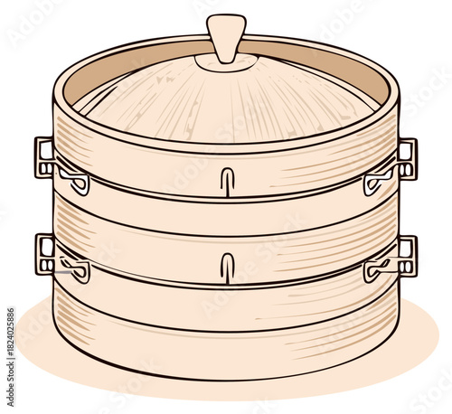 Traditional stacked bamboo steamer basket illustration for cooking Asian cuisine and dim sum
