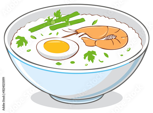 A bowl of Asian rice porridge congee with shrimp egg and green onion garnish