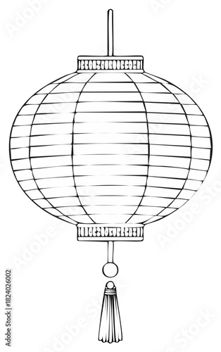 Elegant traditional Asian paper lantern with tassel outline sketch line art illustration