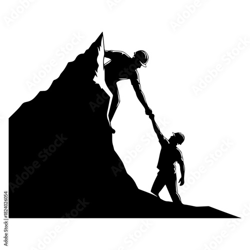A powerful silhouette depicting two mountaineers demonstrating mutual aid and unwavering support on a perilous ascent, symbolizing teamwork and shared success