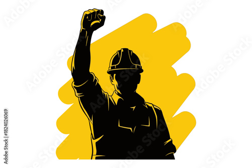 Silhouette of a determined construction worker raising their fist in victory against a vibrant yellow backdrop, symbolizing strength and achievement