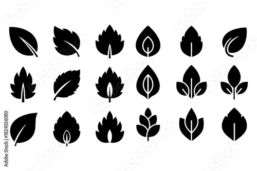 Extensive collection of black minimalist leaf vector icons, featuring a variety of botanical shapes and styles, ideal for nature-themed projects, healthy branding, and sustainable design elements