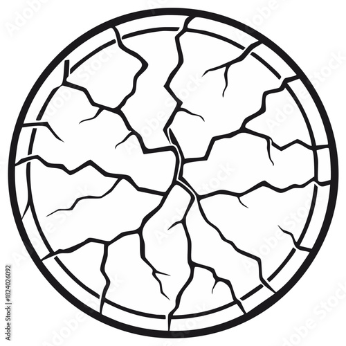 Broken round shape abstract vector graphic with cracks radiating from center