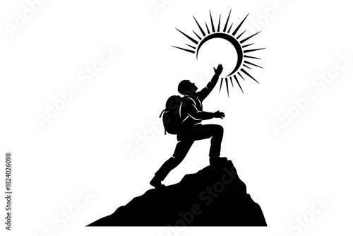 A lone mountaineer stands victoriously on a summit, reaching for the radiant sun, a powerful symbol of aspiration, success, and achieving goals