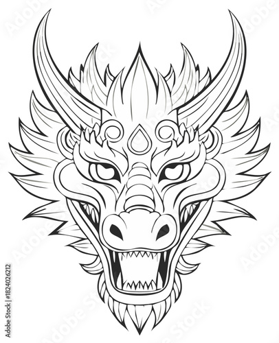 Intimidating Dragon Head Outline Fierce Fantasy Creature with Horns and Sharp Teeth