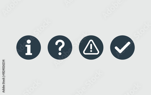 A row of four dark blue circular icons with white symbols on a light gray background in a simple style