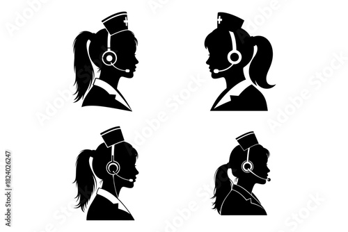 Silhouette Nurse with Headset Icons Healthcare Customer Service Vector Set
