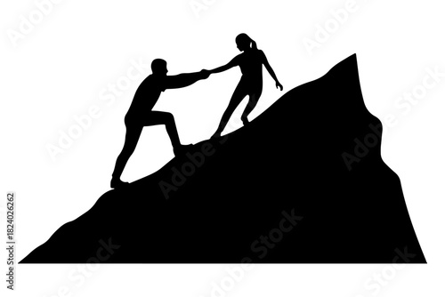 Determined climbers helping each other ascend a steep mountain, a powerful symbol of unwavering teamwork, mutual support, and conquering life's challenges in unity