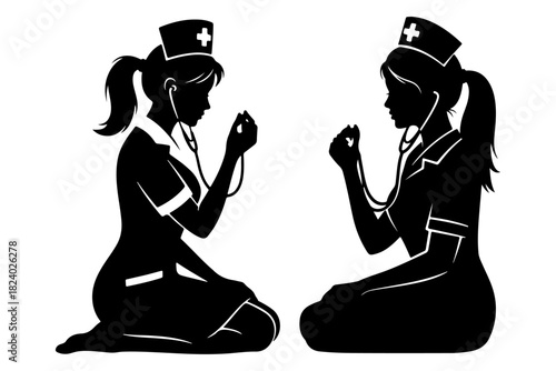 Black and white silhouettes of two dedicated female nurses kneeling with stethoscopes, symbolizing compassionate care and the medical profession