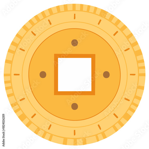 Traditional Asian gold coin with a square hole symbolizing wealth and good fortune