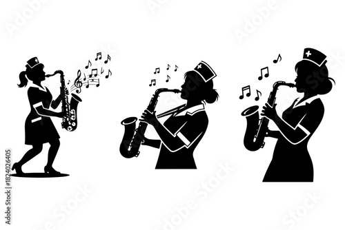 Saxophone-Playing Nurse Silhouettes Musical Healthcare Icons for Design and Illustration