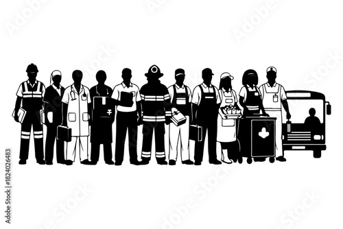 Silhouette illustration of a diverse group of essential workers and professionals from various industries standing together
