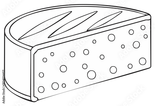 Simple black and white line art drawing of a wedge of cheese with holes for coloring