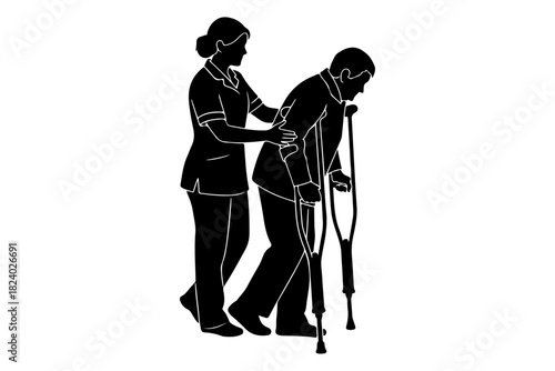 Vector silhouette of a caregiver or nurse helping an elderly patient walk with crutches, symbolizing healthcare and support