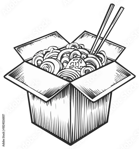 Noodles with chopsticks in takeout box - illustration