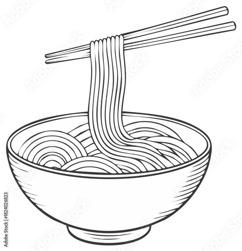 Chopsticks lifting delicious ramen noodles from a ceramic bowl in a simple outline illustration