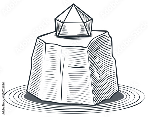 Line art of crystal on stone formation, engraved geological illustration, vector graphics for magic, or mystical concept