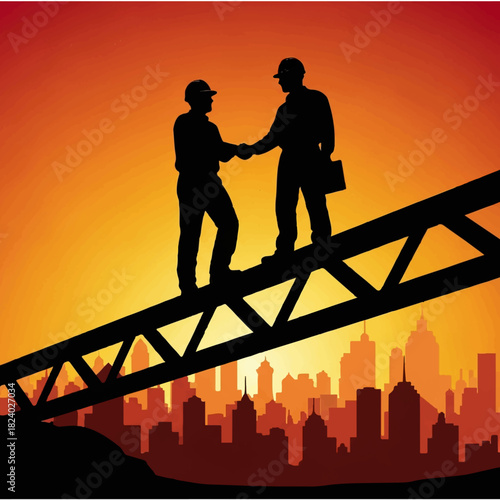 Construction professionals shaking hands atop a steel beam overlooking a city skyline at sunset, symbolizing partnership and achievement in the building industry