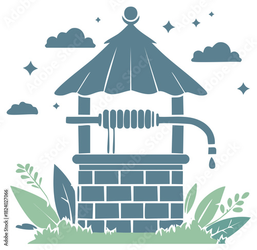 Water Well Silhouette Illustration with Clouds Stars Plants and Grass Simple Retro Style Design Feature