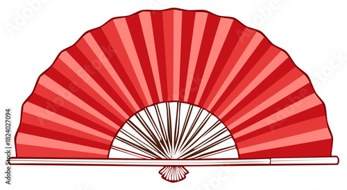 Open Red Folding Fan With Striped Pattern and Wood Handle, Isolated Graphic Illustration