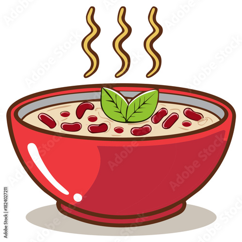 Hot bowl of chili with kidney beans and basil garnish steaming gently