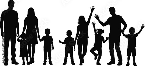 Silhouette, family, children, parents, together, bonding, black, vector, outdoor, happy, jumping, holding hands, unity, group, playful, lifestyle, connection, background, people, interaction