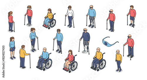 Diverse group of people with disabilities in isometric style