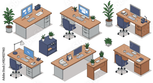 Modern home office desks with computers and plants in isometric design