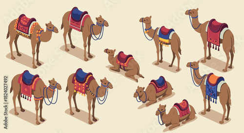 Isometric camels with colorful saddles on neutral background