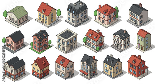 Collection of isometric cartoon houses with varied architecture