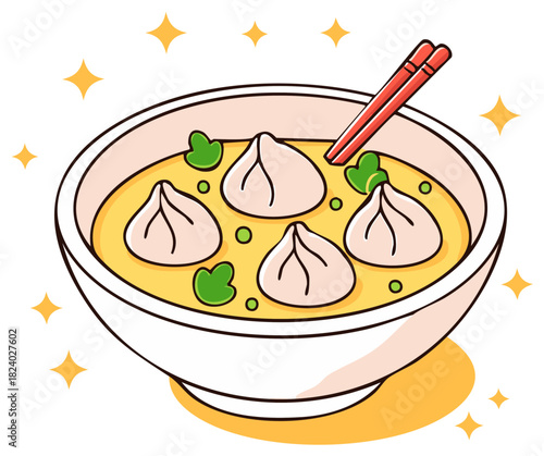 Dumpling Soup Bowl with Chopsticks, Hand Drawn Asian Food Illustration
