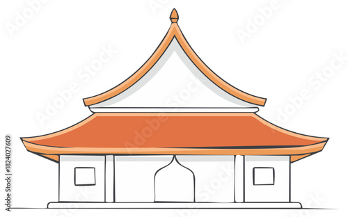 Detailed line drawing of asian style temple with tiered orange roof and decorative finial illustration, peaceful architectural landscape
