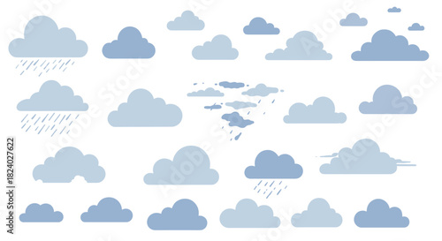 Flat style collection of blue cloud variations with rain elements