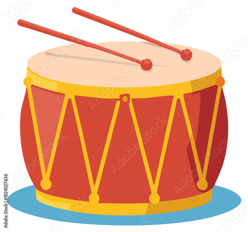 Cartoon illustration of a red drum with drumsticks for music performances.