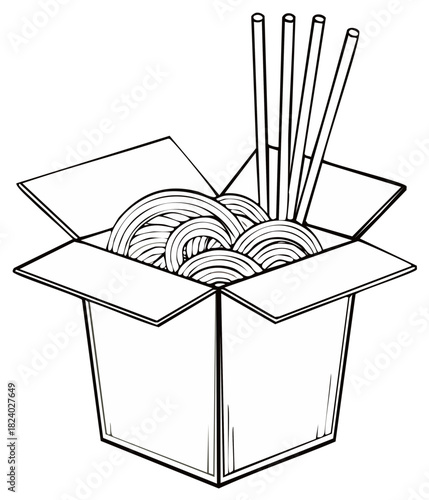 Takeout Container with Noodles and Chopsticks Illustration of a Hand Drawn Meal