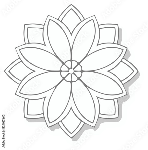 Simple geometric flower mandala outline design with shadow detail