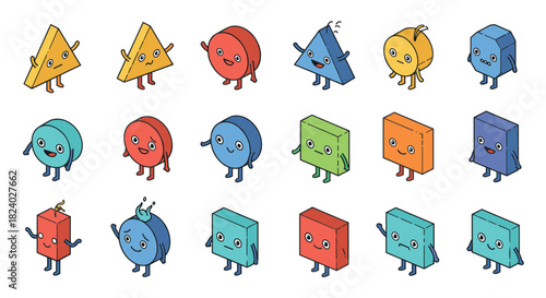 Playful cartoon geometric characters with smiling faces and arms in bright colors