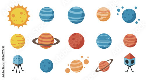 Colorful celestial bodies set featuring planets, stars, and spacecraft in flat design