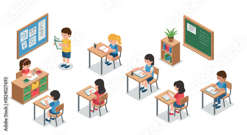 Isometric classroom scene with students learning and studying