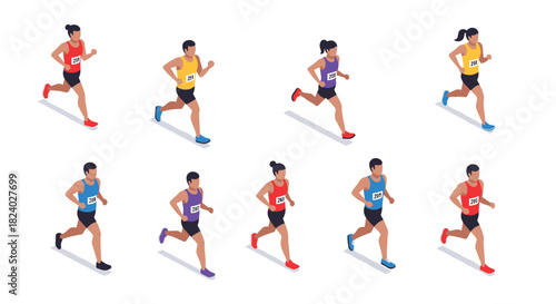 Isometric runners in colorful athletic gear on white background