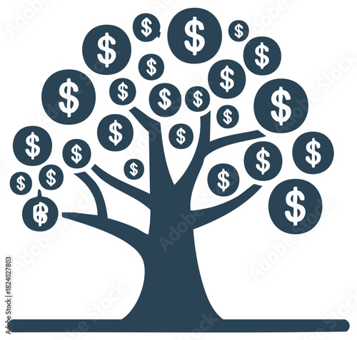 Silhouette of a tree with dollar signs as leaves symbolizing financial growth and abundance