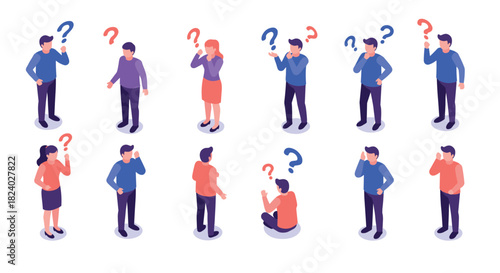 Diverse group of people pondering with question marks in isometric style